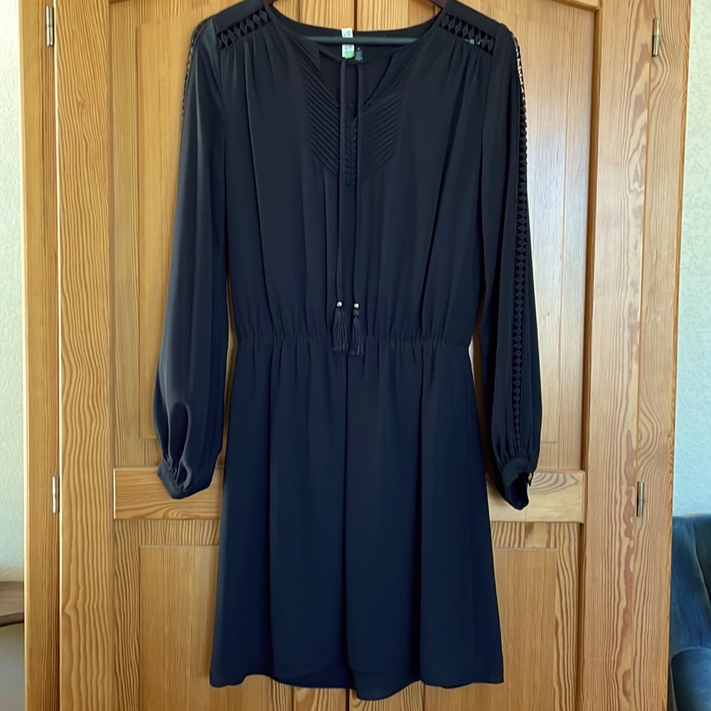 White House Black Market Black Long Sleeve Pleated Waist Dress